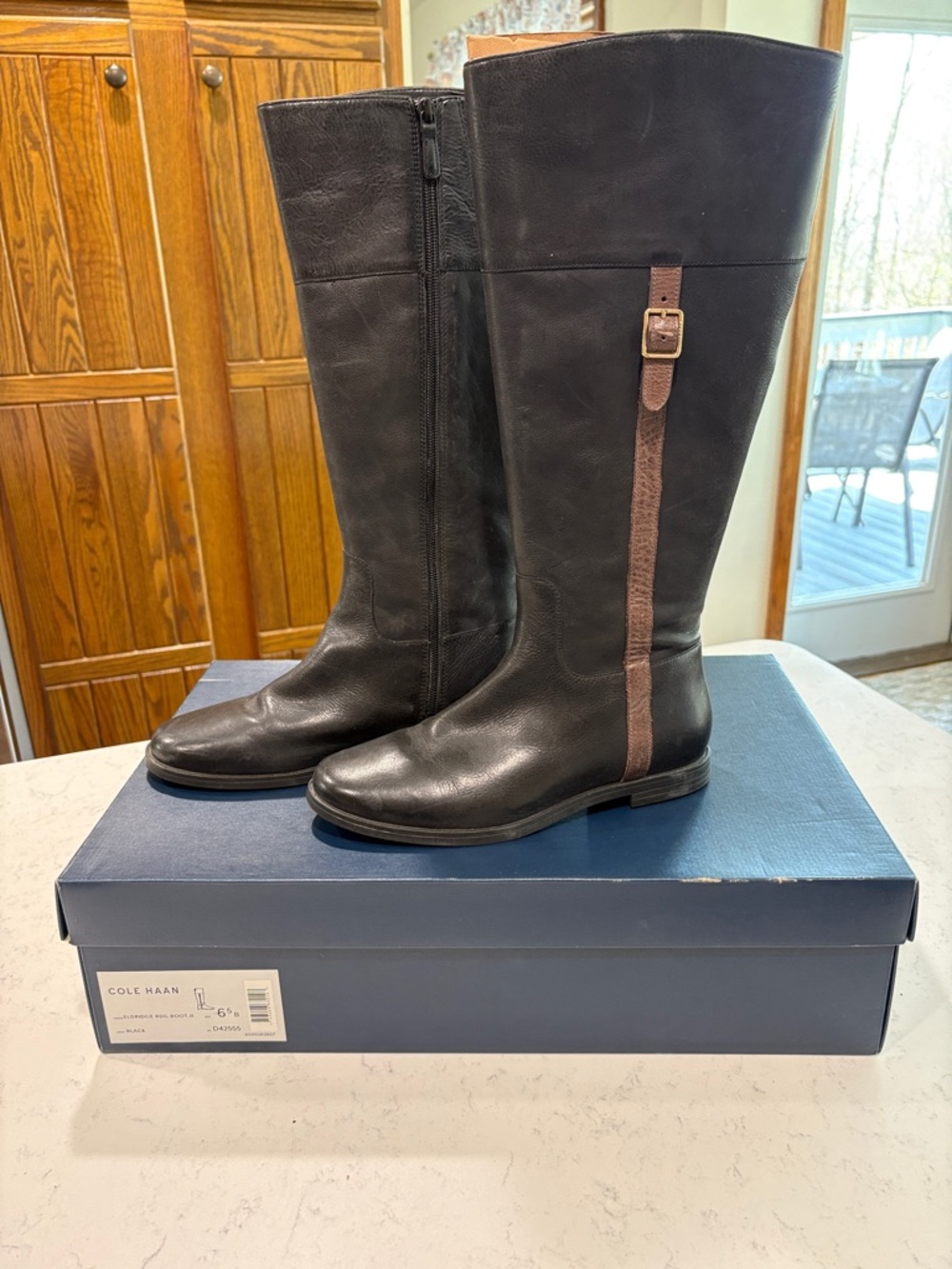 Cole Haan Black Leather Tall Riding Boots with Brown Strap